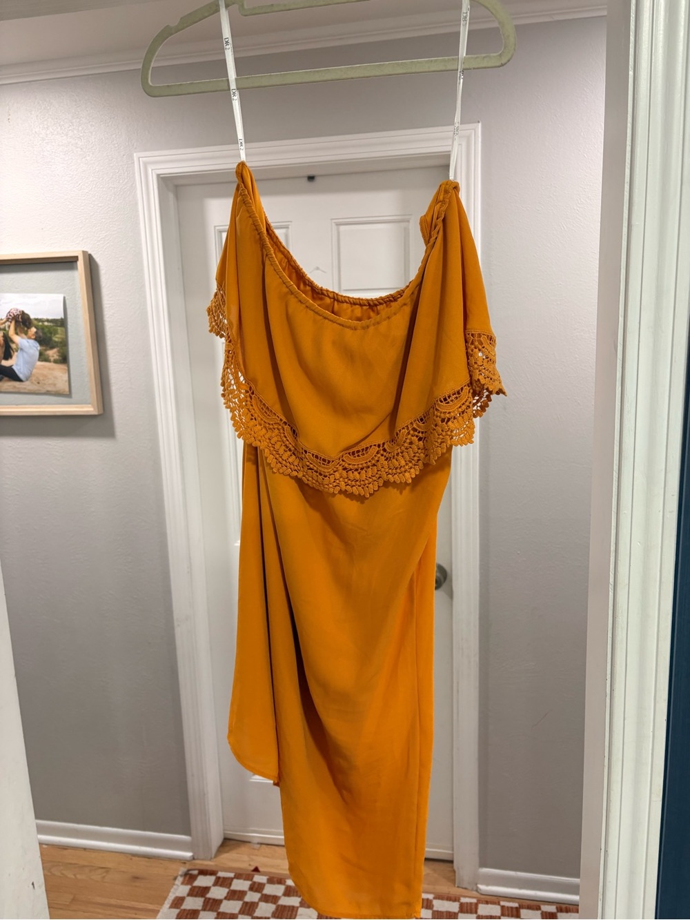 DR2-Mustard Yellow Crochet-Trim Off-Shoulder Dress